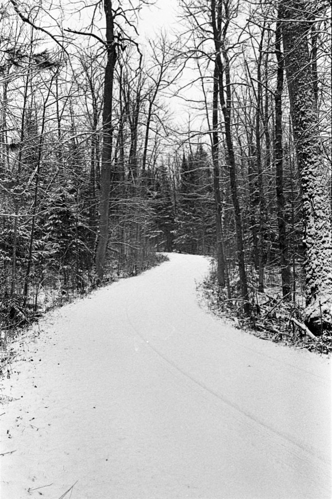 A high contrast black and white photo of a snow-covered road winding through a forest.