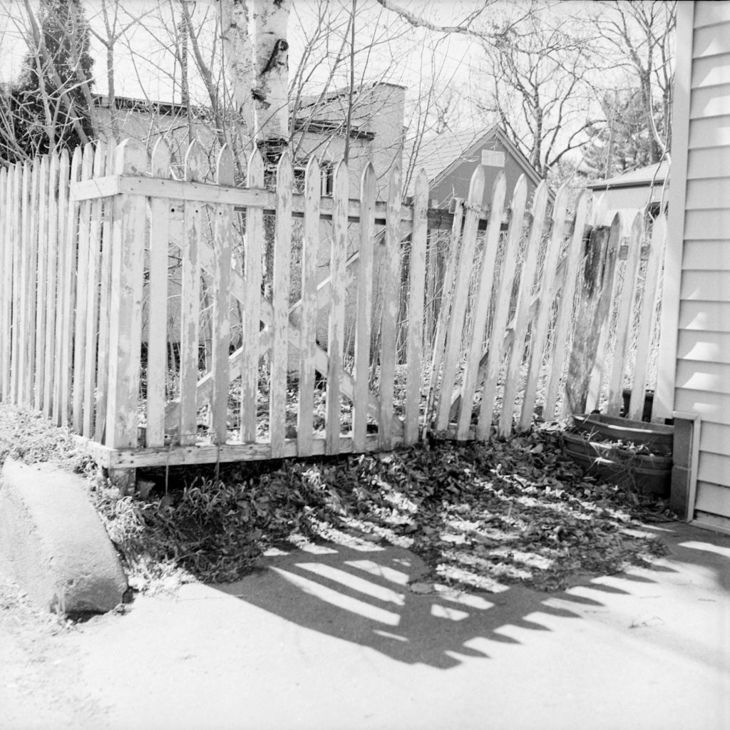 A black and white photo of a white wooden fence with peeling paint. The fence casts a shadow on a some leaves and concrete.