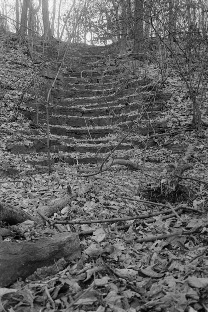 A black and white photo of a set of weathered stone platforms set into a hill. It looks like a stair case, but the steps are too tall to be used comfortably. Maybe it was used for a stream?