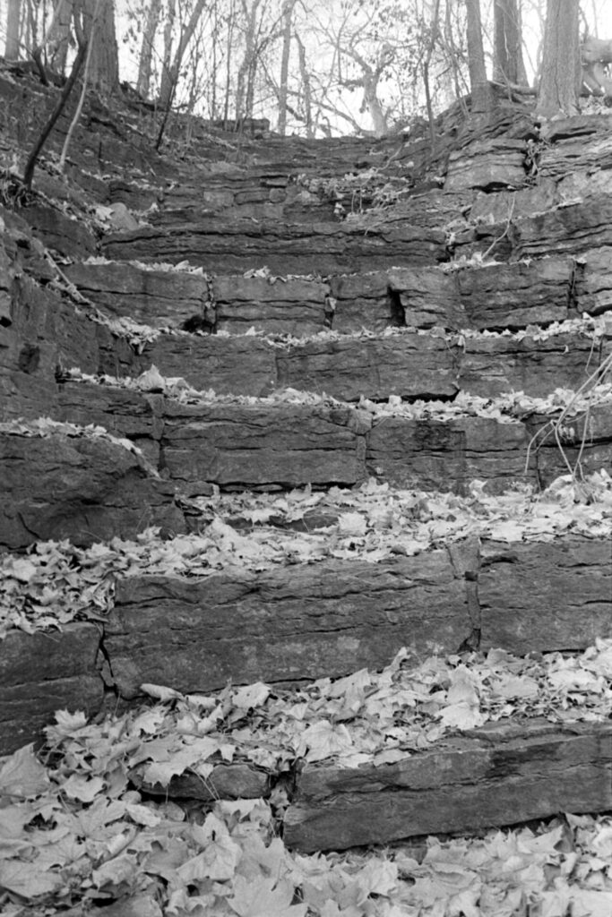 A black and white photo of a set of weathered stone platforms set into a hill. It looks like a stair case, but the steps are too tall to be used comfortably. Maybe it was used for a stream?